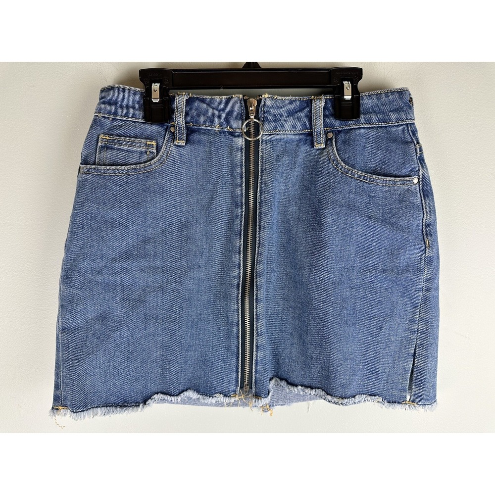 Pacsun Womens Full Front Zip Mini Denim 5 Pocket Skirt Front Raw Hem Y2K Size 26